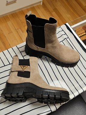 Guess Taupe Suede Chelsea Lug Boots with Black Elastic